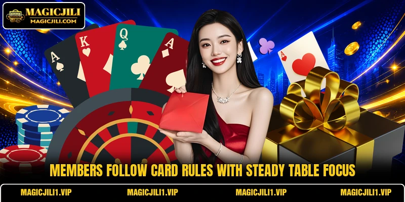 Members follow card rules with steady table focus Members follow card rules with steady table focus